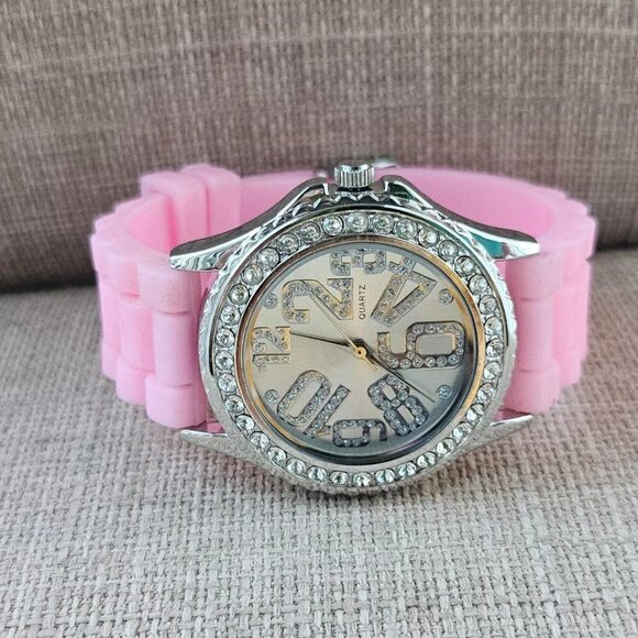 Women Wristwatch Pink Rubber Strap Silver Tone Case Crystal Accent Bezel Watch - Picture 4 of 11